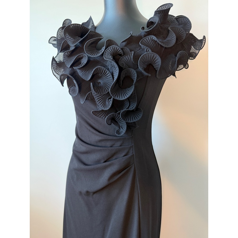 Xscape Womens 6 Black Pleated Ruffle Neck Gown Ruched Maxi Dress Formal Slit - Picture 3 of 16